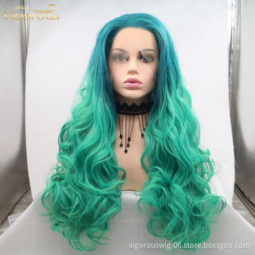 Vigorous ombre long premium high quality straight wave wholesale black women synthetic hair wigs with lace front